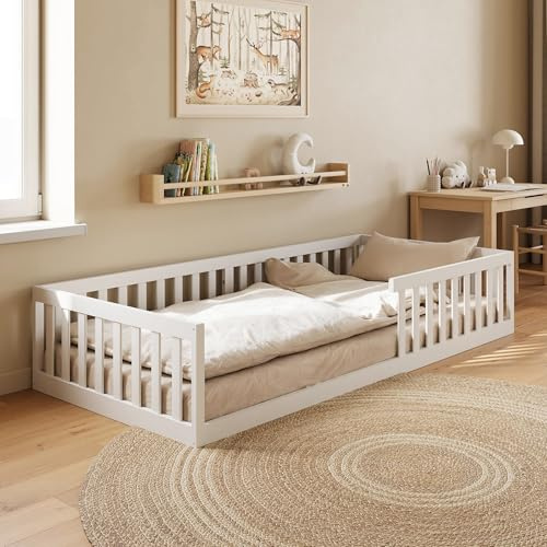 Kids Collective Kinderbett Bodenbett 90x200 cm mit Rausfallschutz & Lattenrost Montessori Bett Bed Gitterbett Kinder Jugendbett Einzelbett | Weiß | weitere Größen 120x200 140x200 cm