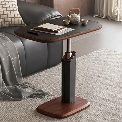 Höhenverstellbarer Beistelltisch mit Versteckten Rollen & Pneumatik, Kleiner C-Form Betttisch Sofatisch mit 360° Drehbar, Holz Side Table für Wohnzimmer, Laptoptisch für Couch Sofa Bett (Schwarz)