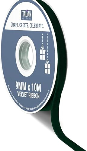 Italian Options Velvet Ribbon, Luxury, Single-Face Velvet Ribbon for Crafting, Christmas, Bows, Hair, Cakes, Weddings, Ornaments, Gift Wrapping, Flowers, 9mm x 10 Metre Roll, Bottle Green