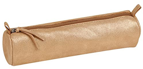 Clairefontaine 410028C -Trousse Scolaire Ronde motif Pailleté Or Ø5,5x22 cm en Véritable Cuir d'Agneau - Fourniture Scolaire - Trousse Crayons de Couleurs - Etui à Crayons - Porte-Plume