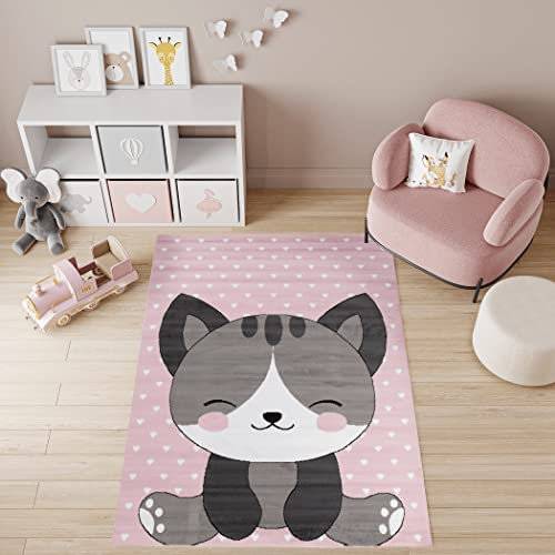 TAPISO Pinky Teppich Kurzflor Pink Weiß Grau Modern Katze Niedlich Herzen Design Kinderzimmer Kinderteppich Spielteppich ÖKOTEX 80 x 150 cm