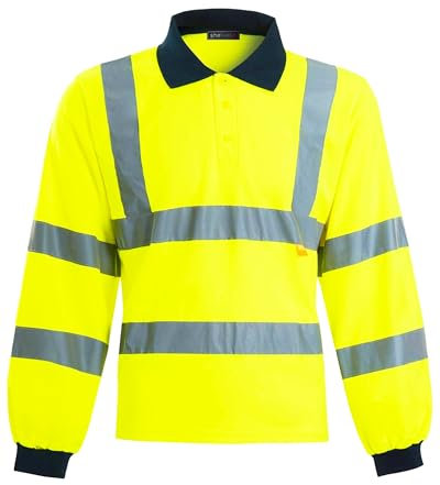 shelikes Mens Hi Vis Viz High Visibility Reflective Tape Safety Polo Contrast Long Sleeve Workwear Tee Tshirt Top (X-LARGE, YELLOW)
