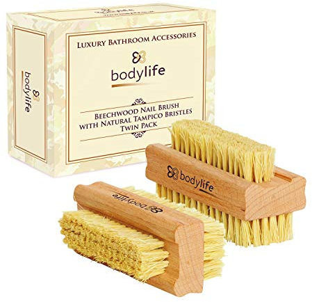 Bodylife Beechwood Nail Brush With Natural Cactus Tampico Bristles Twin Pack