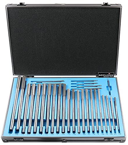 Accusize Industrial Tools 29 Pc Set 1/16 to 1/2 inch by 1/64 in HSS M2 Premium Chucking Reamers, Straight Flute, Aluminum Case, 5528-SF00