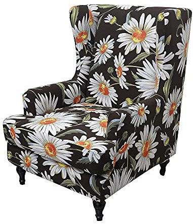 Highdi 2 Teilig Ohrensessel Überzug, Retro Blumendruck Sessel-Überwürfe Bezug Sesselhusse Elastisch Stretch für Ohrensessel mit Armlehne Hohe Rückenlehne Universal (Schwarzes Gänseblümchen)