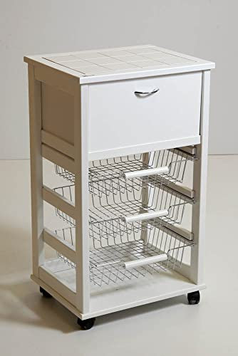 Totò Piccinni Carrellino in Legno da Cucina con Rotelle Mattonelle e Cestelli in Acciaio (con Portapane, Bianco)