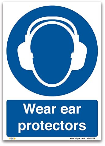 Wear Ear Protectors Sign, A4 297x210mm, PVC Rigid Plastic, PPE Mandatory Health and Safety Signs