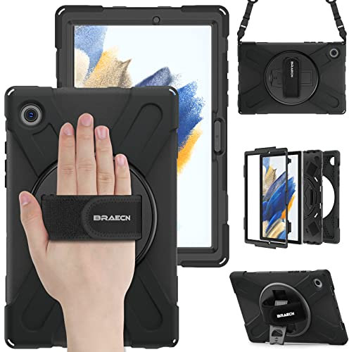 BRAECN für Samsung Galaxy Tab A8 Hülle 10,5 Zoll 2022 SM-X200/SM-X205/SM-X207, Stoßfeste Robuste Tragbare Hülle mit 360° Drehbarem Ständer, Handgurt und Schultergurt, Stifthalter, Schwarz
