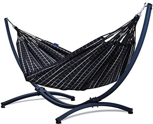 Potenza Outdoor Hängematte mit Gestell für 2 Personen I Catargo - Baumwolle Doppelhängematte XXL 220x160, 220kg I Hängemattengestell 220kg, wetterfest (Schwarz, Basic Gestell Graphit)