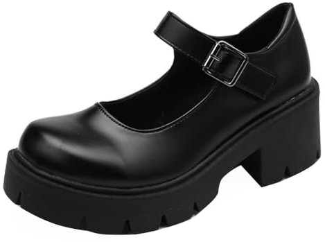 Minetom Damen Mädchen Klobige Plattform Mary Jane Schuhe Schnallenriemen Retro Runder Zeh Plattform Pumps Chunky Lackleder Party Kleid Schuhe Schwarz Matt 35 EU
