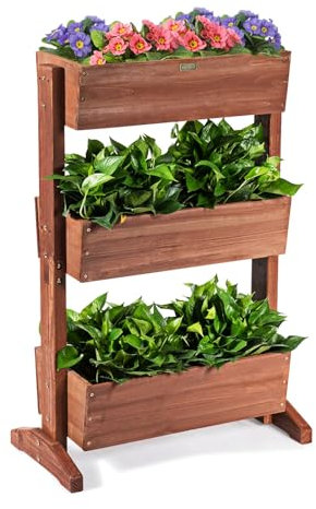 RELAX4LIFE Jardinière Verticale 3 Pots, Potager Urbain en Bois Sapin pour Légumes, Fleurs, Fruits, Herbes, Support de Jardiniere Intérieur Extérieur 71 x 38 x 105 cm