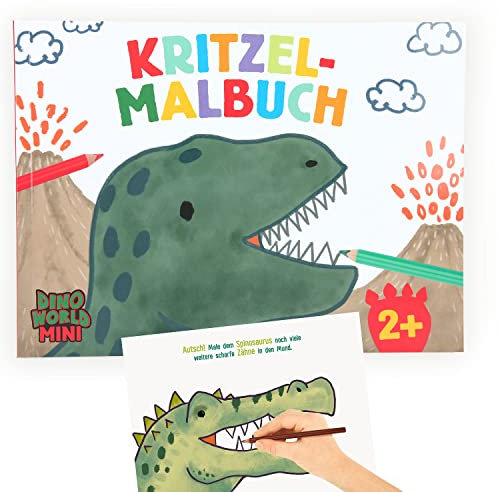 Depesche 12011 Dino World Mini Dino - Kritzel-Malbuch mit 48 Seiten zum Gestalten und Ergänzen vieler Dinosaurier- und Urzeit-Motive, Mal-Heft mit vorgedruckten Bildern, kleinen Texten, Mal-Aufgaben