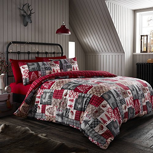 Happy Linen Company 100% Brushed Cotton Christmas Patchwork Red Super King Reversible Duvet Cover Bedding Set