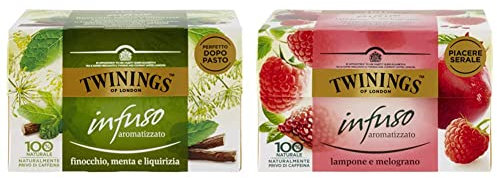 Twinings, Infusi Aromatizzati al Finocchio, Liquirizia e Menta & al Lampone e Melograno, Sapore Morbido e Bilanciato, Senza Caffeina, 20 Bustine da 16.9 fl oz