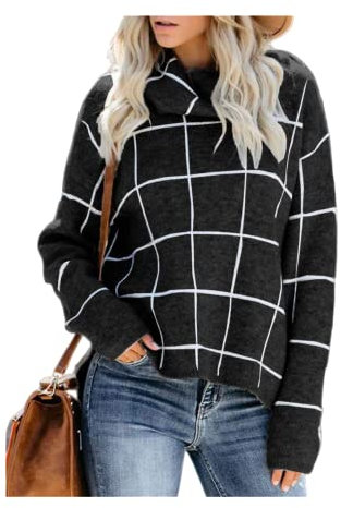 HEYPORK Damen Herbst Winter Warm Bequem Pullover Casual Mode Strickjacke Strickpullover Frauen Karierter Pullover Rollkragenpullover Karierter Strickpullover(Schwarz, S)