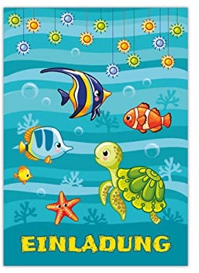 Junapack 12 Einladungskarten zum Kindergeburtstag Geburtstag Jungen Mädchen Fische