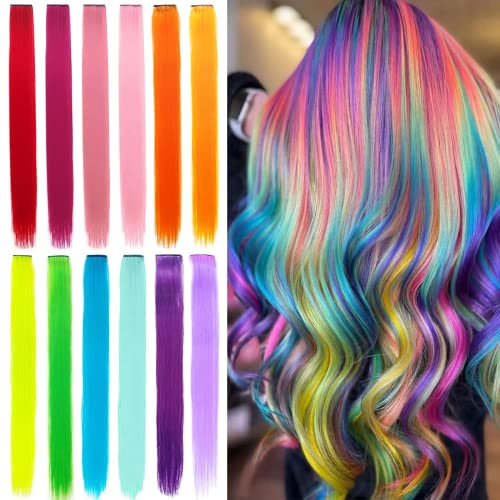 12 Stück Haarverlängerungen mit Clip, Farbe, Strähnen, bunt, glattes und langes Haarteil, Synthetik, hitzebeständig, Party, Haar-Zubehör für Mädchen (55,8 cm)
