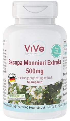 Bacopa Monnieri Extrakt 500 mg - 60 Kapseln - Standardisierter Extrakt - 20% Bacoside - Ayurvedisches Kraut Brahmi - hochdosiert und vegan | Qualität aus Deutschland - ViVe Supplements