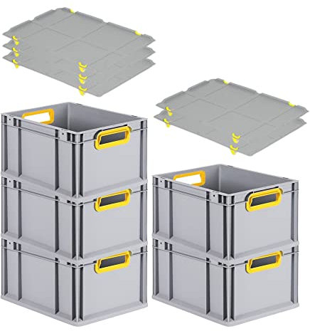 PROREGAL SuperSparSet 5x Eurobox NextGen Color mit Auflagedeckel & Schiebeschnappverschlüsse, HxBxT 22x30x40cm, 20L, Griffe gelb offen, Glatter Boden, Eurobehälter Transportbox Transportbehälter