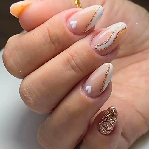 24Pcs French Tip False Nails Short, Almond Press on Nails Gold Glitter Swirl Glossy Fake Nail with White Heart Design, Acrylic Stick on Nail for Women and Girls