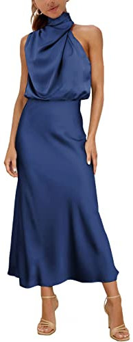 MIRGLER Vestido largo elegante y formal con cuello alto, de satén elástico, cintura alta, para mujer, color azul marino, L