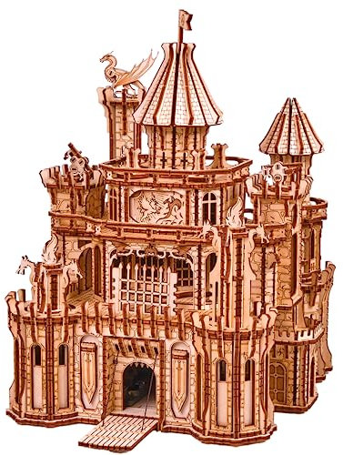 Wood Trick Dragon Castle Moveable Wooden 3D Puzzles for Adults and Kids to Build - Red LED - Greensleeves Melody - Towers Rotating - Engineering DIY Project Mechanical Model Kits for Adults Models
