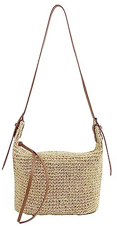 Strohtasche Stroh Handtasche Damen Korbtasche Damen Einschulter Strohtasche Böhmische Handgewebt Geflochten Basttaschen Strandtasche Lässige Umhängetasche (Beige)