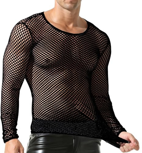 YOOBNG Men's Fishnet Undershirt Mesh Long Sleeve Tops Shirt Hollow Out Muscle Tank Shirts