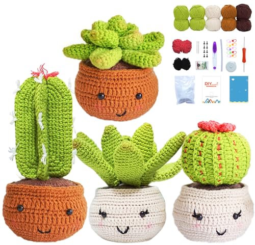 ODIWEN Kit de Ganchos de Ganchillo para Principiantes y Adultos,Kit de Ganchillo para Bricolaje,Kit de crochet principiantes,con Tutoriales en Video Paso a Pas,Kit Ganchillo Completo Cactus Accesorios