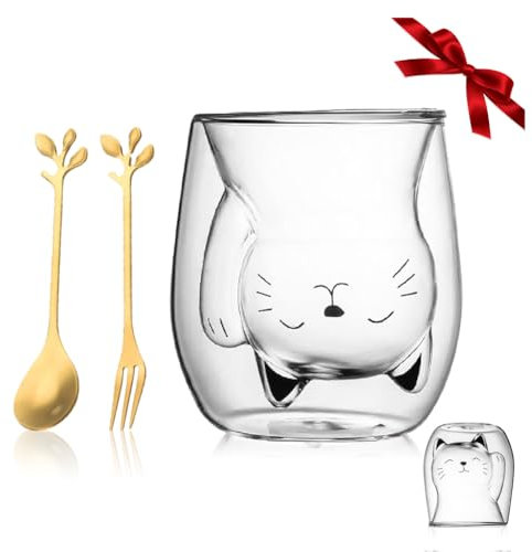 Yuragim Katzen Tasse Süße Tasse, 200ml Doppelwandige Gläser Kawaii Katze Kaffeetasse Teetasse Espressotassen, Katzenglas Geschenke für Frauen Katzenliebhaber Mama Valentinstag Geburtstag Muttertag