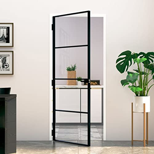 Homgoday Puerta interior negra de vidrio templado y aluminio 332, 83 x 201,5 cm