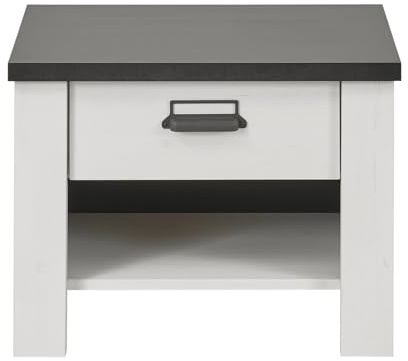 Nachttisch Nachtkommode in weiß Pinie und schwarz/anthrazit Nachtkonsole mit Schubkasten und Selbsteinzug Landhaus/Industrial Design 60 x 46 cm Stove (Nachttisch 1)