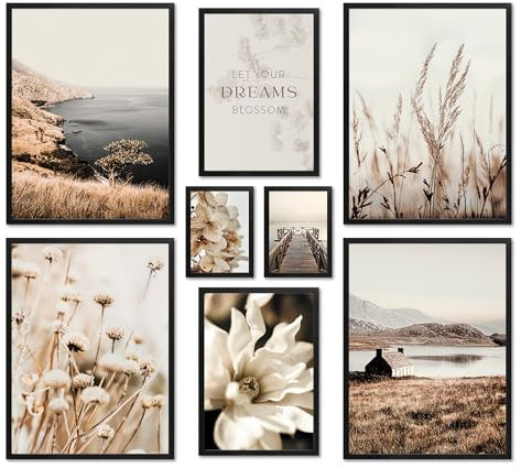 ARTFAVES® Poster Set - BEIGE VINTAGE NATURE - mehrteilige Wanddeko Wohnzimmer & Schlafzimmer - 8 moderne Wandbilder Natur, Blüte, Pflanzen, beige, See - mit Rahmen Schwarz