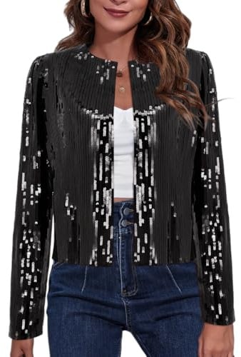 TYNORA Women’s Sequin Jackets Long Sleeve Open Front Coat Glitter Short Blazer Casual Coat Party Club Black M