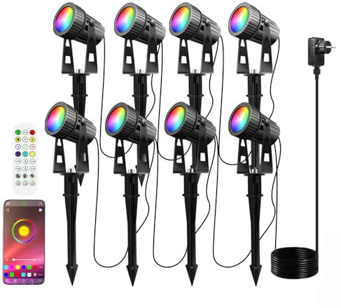 8er LED Gartenstrahler RGBW mit Bluetooth APP Timer, LED Gartenleuchte RGB+Warmweiß COB LED Gartenbeleuchtung mit Erdspieß mit Fernbedienung Gartenlampe IP65 Wasserdicht 12V 24W für Außen Garten Rasen