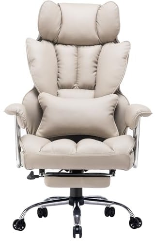 Efomao bürostuhl ergonomisch, PU Leder Chefsessel, bürostuhl 200 kg mit Fußstütze und Lendenwirbelstütze, Verstellbarer Stuhl mit hoher Rückenlehne, Grauer