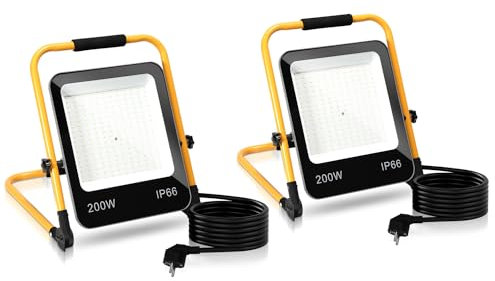 Tubiaz 2PCS 200W LED Projecteur de Chantier, Projecteur LED Extérieur 16000LM 6000K Blanc Froid avec Support Pliable, Lampe de travail Portable étanche IP66 pour Chantier Urgence (cordon 3M)