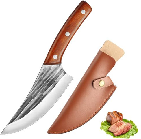 Fubinaty Japanisches Kochmesser Outdoor-Küchenmesser Handgefertigtes geschmiedetes Jagdausbeinungsmesser Full Tang High Carbon Steel Camping-Kochmesser mit Lederscheide und Holzgriff
