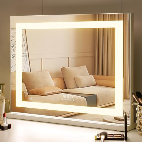 FENCHILIN Schminkspiegel mit Beleuchtung LED Strip Hollywood Spiegel mit Beleuchtung Dimmbar USB Schminkspiegel mit Licht Touch-Schalter10X Vergrößerung 58X46cm