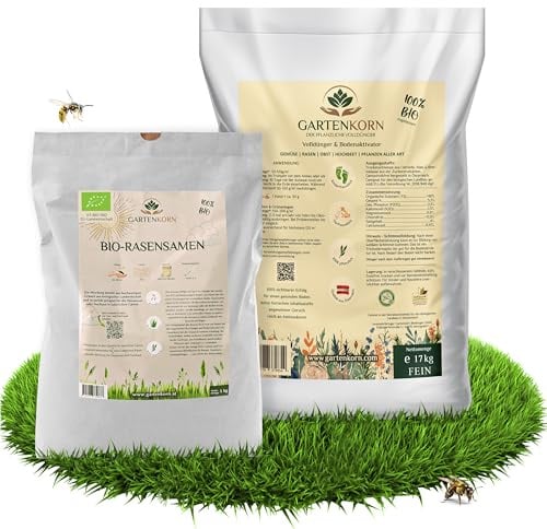 Gartenkorn Bio Rasen Set mit Dünger & Rasensamen für 120m² - Grassamen mit Langzeit Volldünger & Bodenaktivator für Lücken & Rasen Nachsaat, organisch & vegan, unbedenklich für Kinder und Haustiere