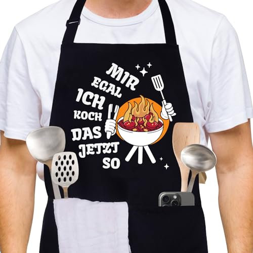 FUKPO Kochschürze Herren Damen Schwarz, Baumwolle Grillschürze für Männer Lustige Schürze Mann Frauen mit Taschen, Verstellbar Küchenschürze Herren Personalisiert Schürzen Lustig Geschenke