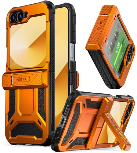 Poetic Spartan Hülle für Galaxy Z Flip 7 FE 2025/ Galaxy Z Flip 6 5G 2024, [Ständer][Integrierter Displayschutz][Scharnierschutz][Fallgetestet aus 6 Metern Höhe], Ganzkörperabdeckung, Metallic Orange