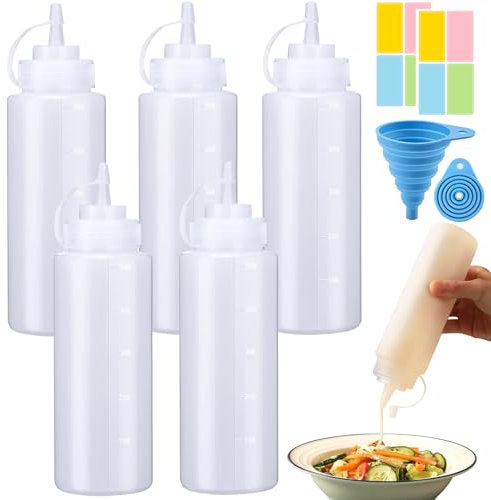 5 Pcs 500ML Squeeze Condiment Bottles with Caps, 16oz Reusable Multipurpose Squeezy Sauce Bottles for Ketchup, BBQ, Paint and Olive Oil (Come with Sticker Label)