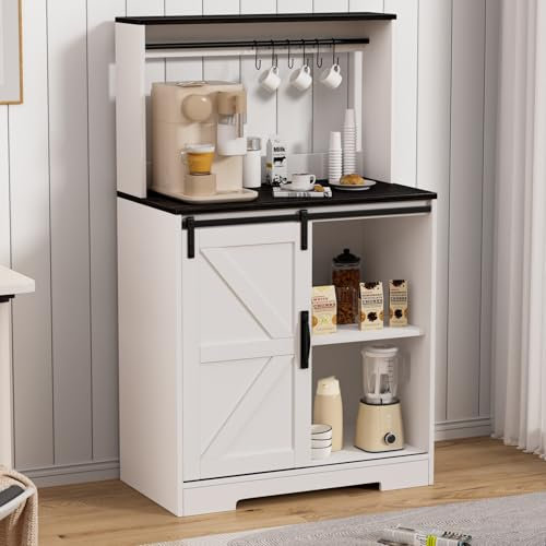 Saterkali Kaffeebarschrank, 127 cm, Bauernhaus-Sideboard, Buffetschrank mit Schiebetür, Weinbar, Kaffeebar für Esszimmer, Küche, Flur und Wohnzimmer, Weiß