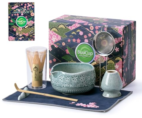 Buucup Blue Matcha Set, Ceramic Bowl Kit with Bamboo Whisk & Tools | Complete 7-piece Japanese-style matcha kit with bowl, whisk, scoop, holder, sifter and tea towel for daily tea rituals.
