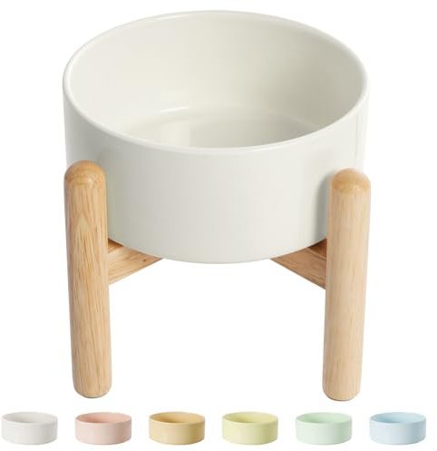PTOBER Elevated Ceramic Dog Food Bowl - Raised Feeding Bowl with Wooden Stand - Pet Dish for Small and Medium Dogs - Candy Colors - 2 Cups / 27 fl oz / 800 ml - White