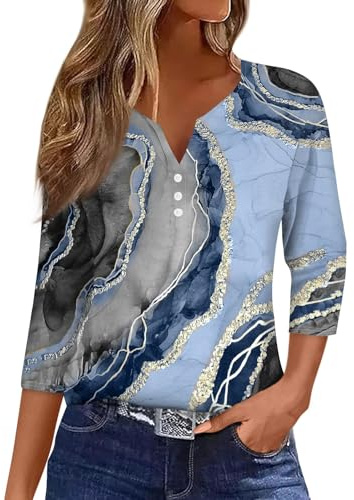 Halloween Pullover 3/4 Arm Damen Tshirt Herbst Winter Pullover Blusen | Leichte Basic Tops Casual Oberteile V-Ausschnitt Knopfleiste Shirt Elegant Hexen Kostüm Damen