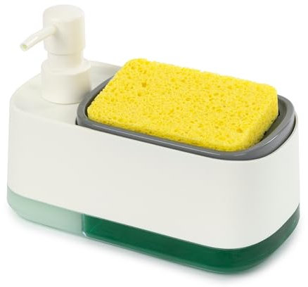 Fineway 2-in-1 Dishwashing Liquid and Soap Dispenser with Sponge Holder -Dual-Compartment Design, Non-Slip Feet, Transparent Base for Liquid Levels, Durable ABS Plastic & 304 Stainless Steel (white)