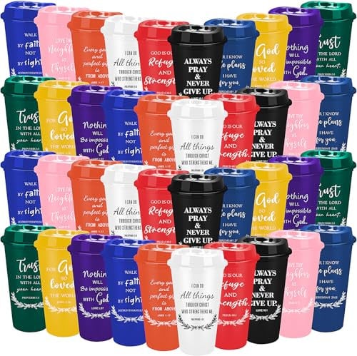 OJMHD 40 Pcs Christian Plastic Coffee Cups with Lids, 470 ml Reusable Party Tumblers Bulk, Multicolor Religious Bible Verse Drinking Mugs for Women Men Travel Party Christian Gift for Church