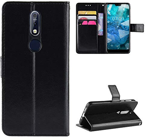 Jiajihua Hülle Kompatibel mit Nokia 7.1 [PU-Leder+Shell] [Flip Stand] [Kartenschlitz] [Magnetverschluss] Black